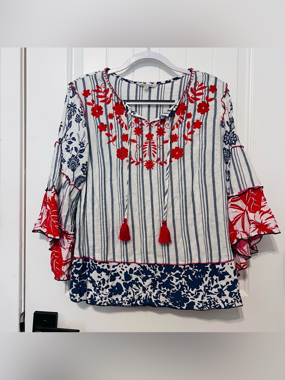 John Mark White/Blue Stripe Red Embroidered Flowers GAUZY BOHO Tunic Top S
